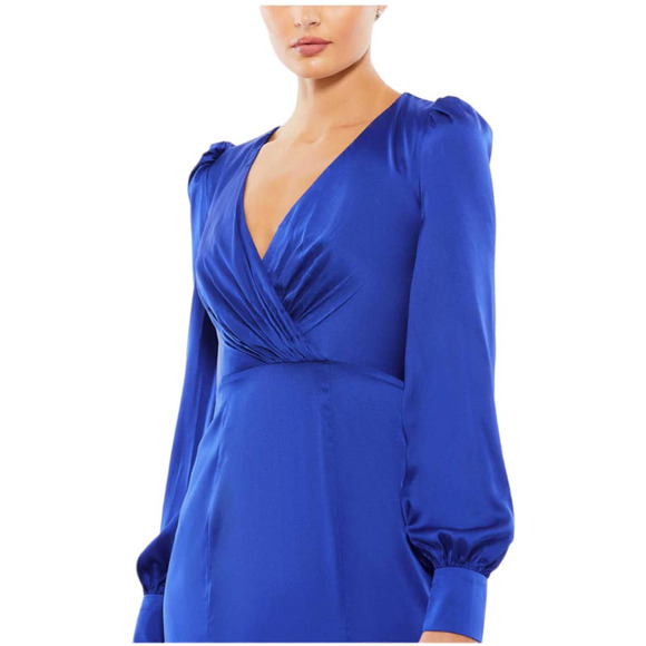Mac Duggal NWT Satin Ruched Bishop Sleeve Gown Royal Blue Size 8 V-neck - Picture 2 of 11